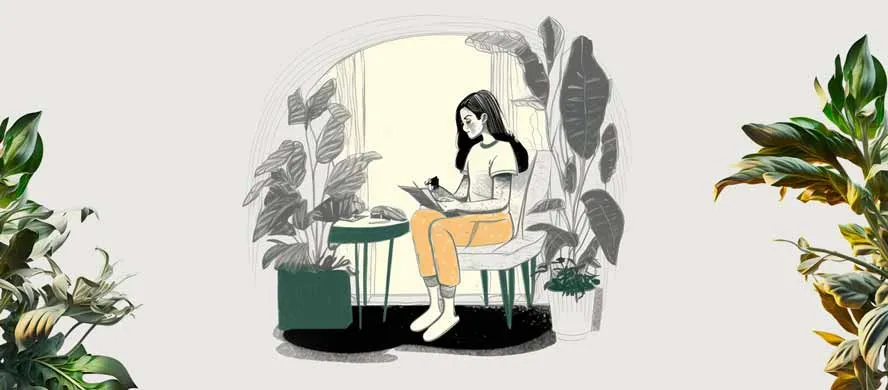 A woman writing in a notebook at a kitchen table