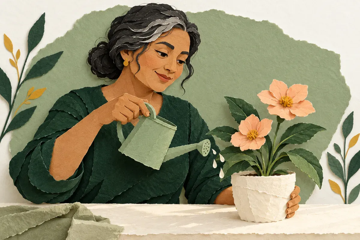 Paper-cut illustration of a woman watering a blooming plant