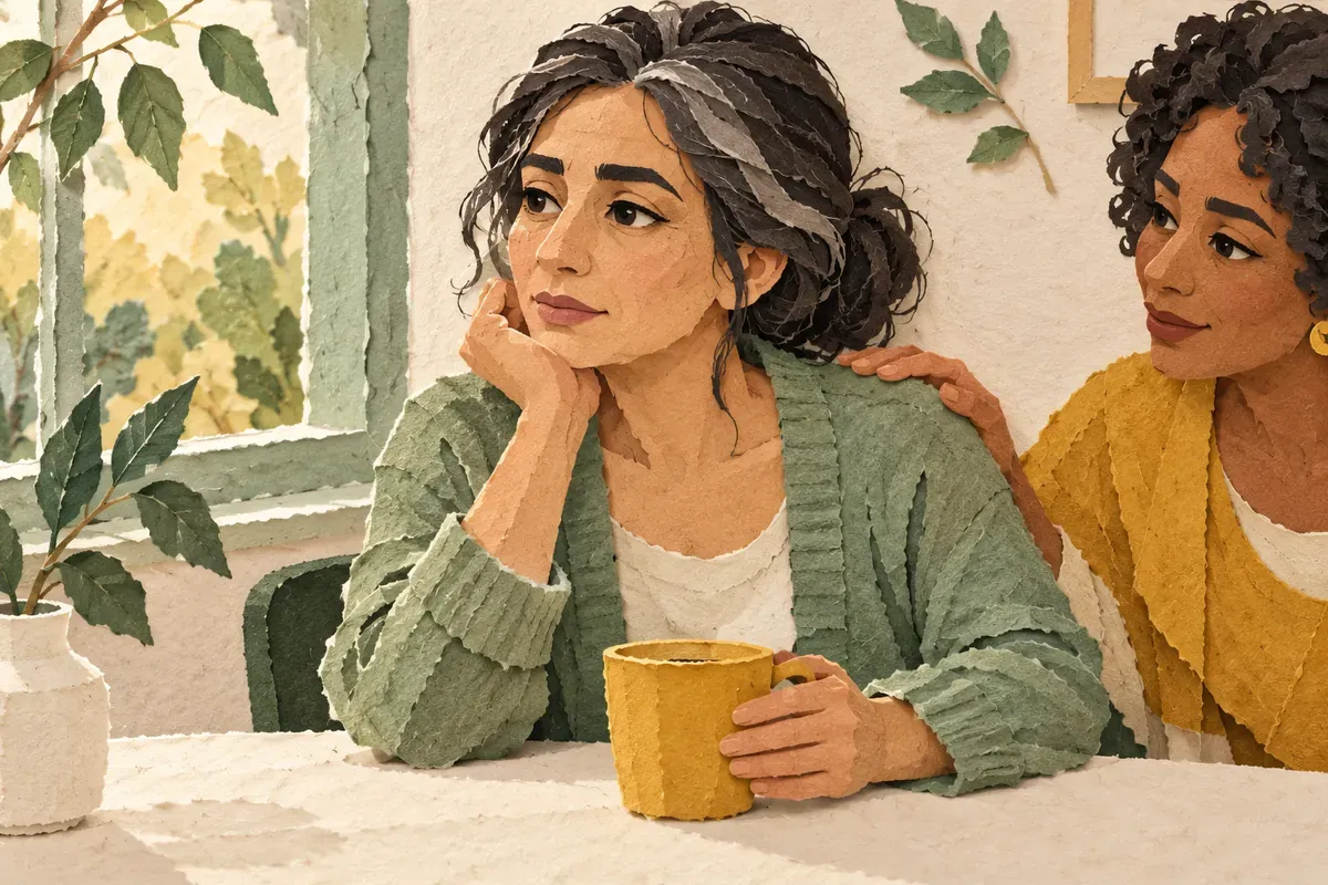 Paper-cut illustration of a woman sitting at a table with a mug while a friend rests a hand on her shoulder