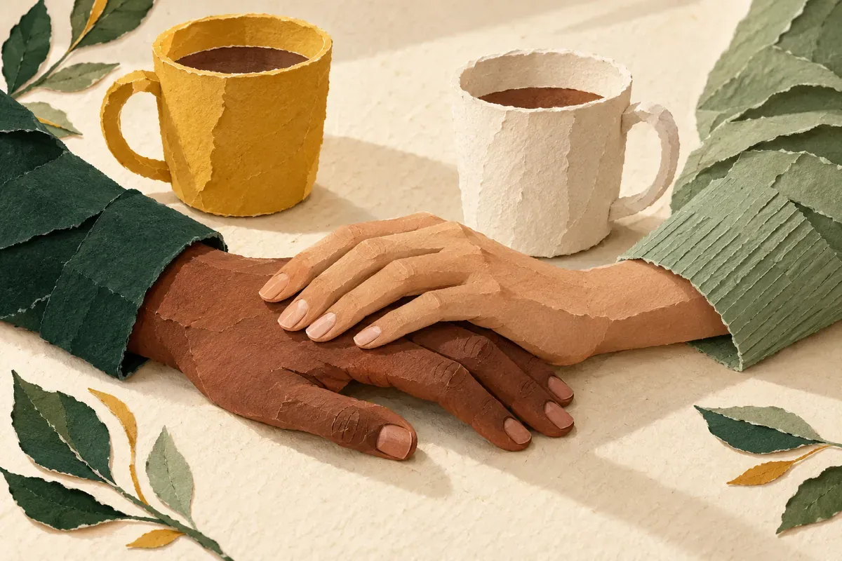 Paper-cut illustration of two hands resting together on a table between two mugs