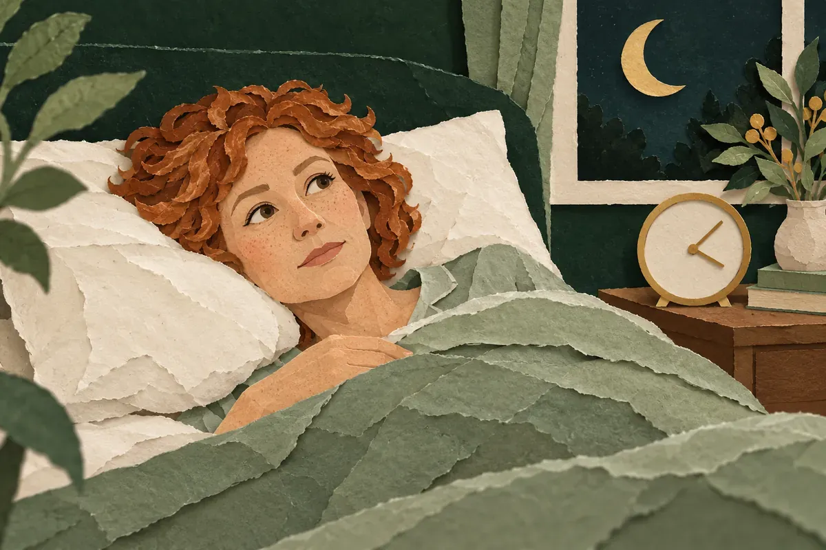 Paper-cut illustration of a woman lying awake in bed, a clock on the nightstand and a crescent moon in the window