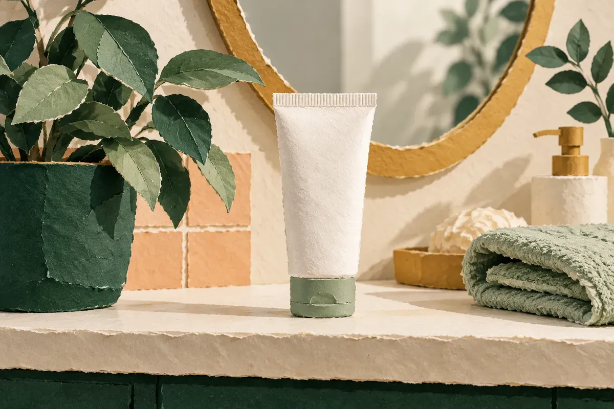 Paper-cut illustration of a plain tube of moisturiser on a bathroom shelf with a plant and a folded towel