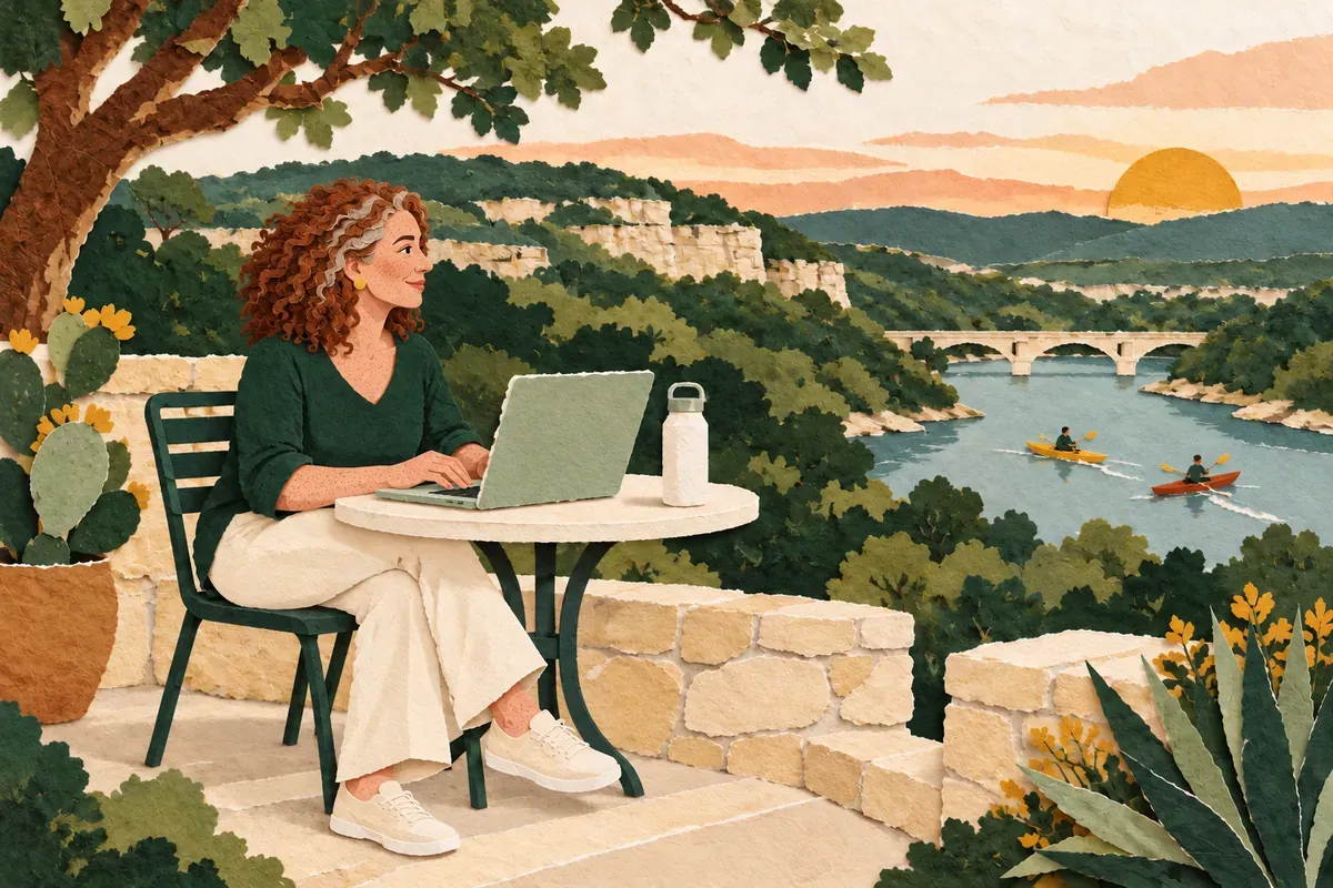 Paper-cut illustration of a woman at a laptop on a limestone terrace under a live oak, with Hill Country cliffs, a bridge and kayakers on Lake Austin at sunset behind her