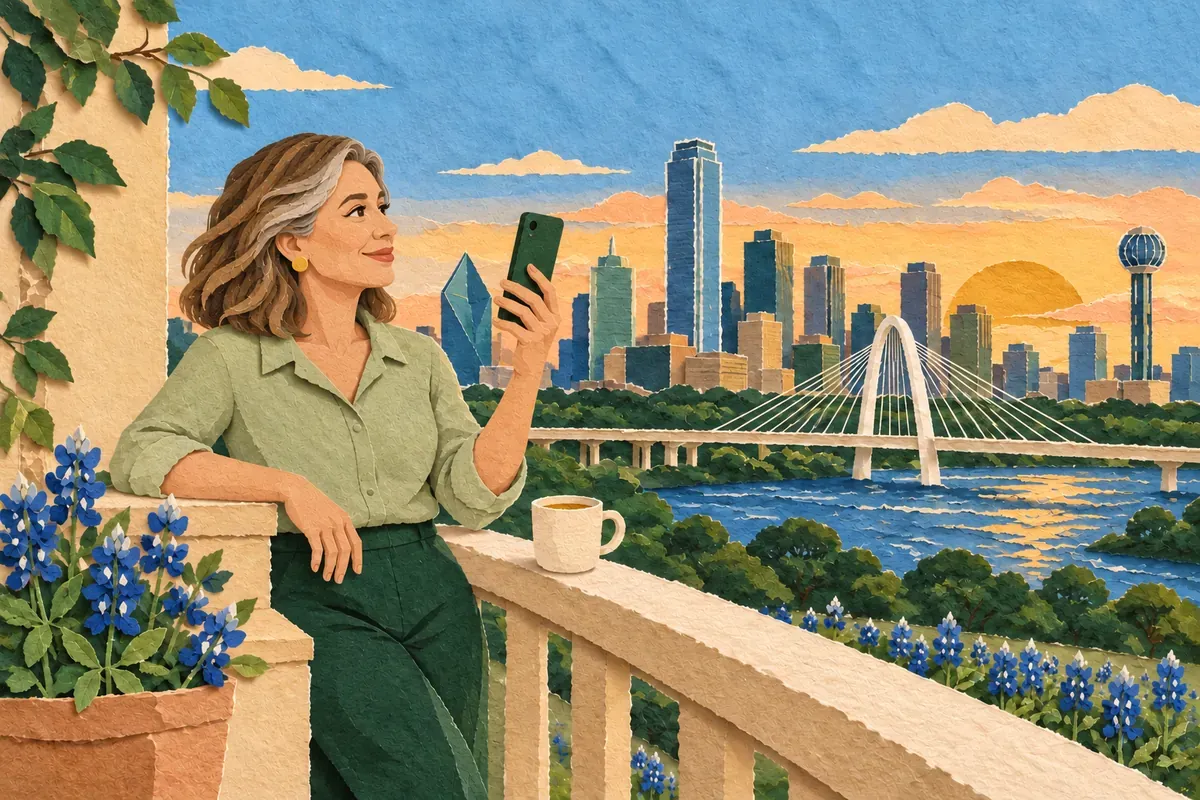 Paper-cut illustration of a woman on a balcony holding her phone, with the Dallas skyline, the Margaret Hunt Hill Bridge and bluebonnets behind her