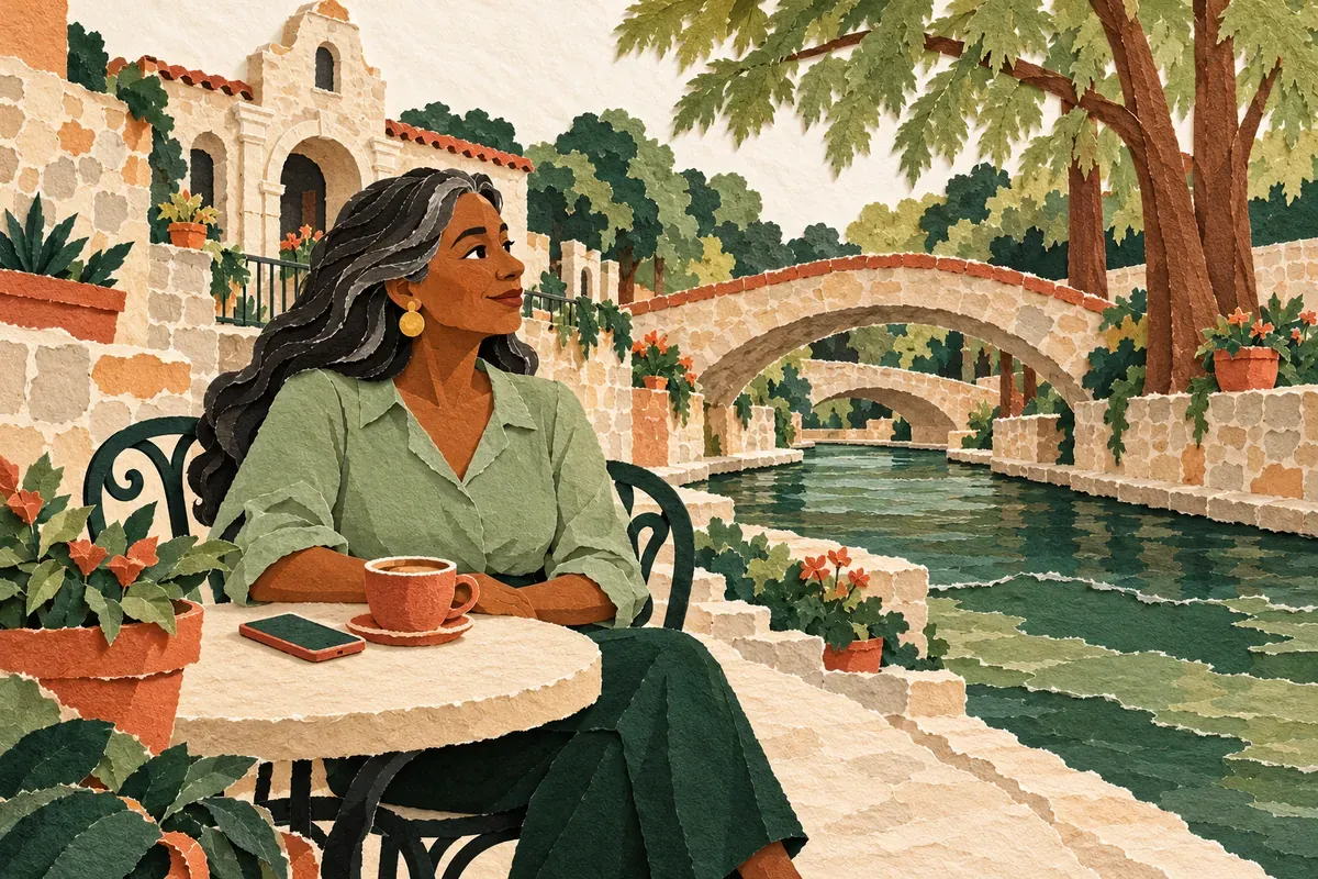 Paper-cut illustration of a woman with a coffee and her phone at a River Walk cafe table, with stone arched bridges, cypress trees and a mission-style facade behind her